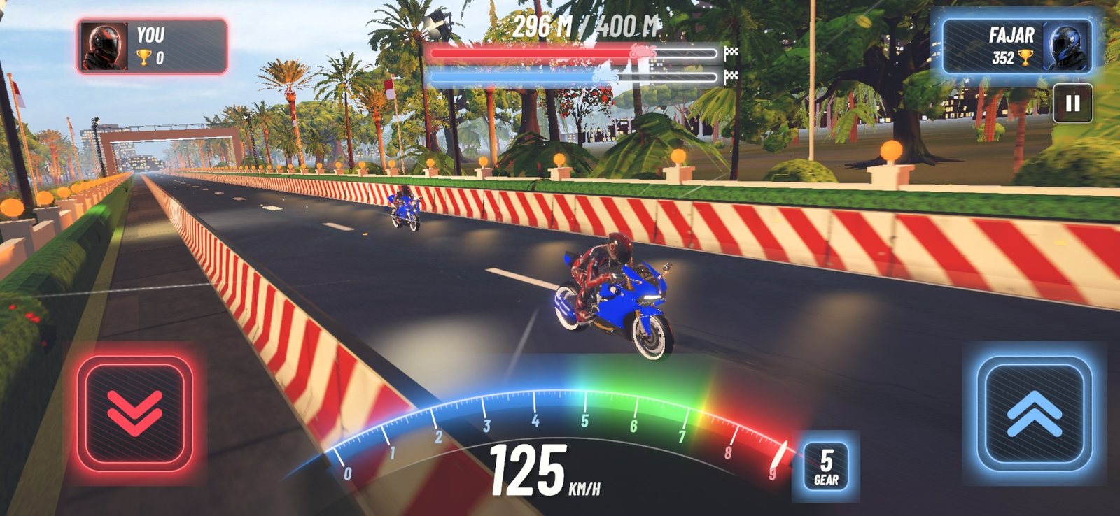 In-game drag race in Jakarta with the RPM gauge and gear indicator
